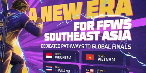 Grafis resmi Free Fire bertuliskan A New Era for FFWS Southeast Asia, Dedicated Pathways to Global Finals, dengan kartu FFWS Indonesia, Vietnam, Thailand, dan Malaysia