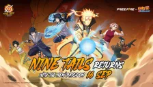 Free Fire x Naruto Shippuden Nine Tails Strikes Chapter 1 key art featuring Naruto, Hinata, Sasuke and Sakura