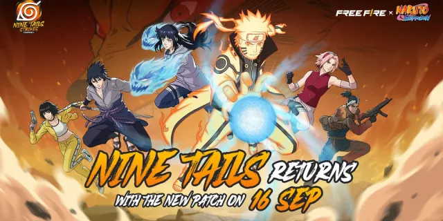 Free Fire x Naruto Shippuden Nine Tails Strikes Chapter 1 key art featuring Naruto, Hinata, Sasuke and Sakura