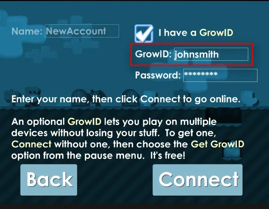 Growtopia login screen showing the Grow ID
