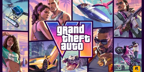 Cover art resmi Grand Theft Auto VI dari Rockstar Games: logo VI di tengah, dikelilingi panel ilustrasi Jason dan Lucia, speedboat, mobil sport kuning, aligator, helikopter, dan motor