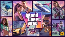 Cover art resmi Grand Theft Auto VI dari Rockstar Games: logo VI di tengah, dikelilingi panel ilustrasi Jason dan Lucia, speedboat, mobil sport kuning, aligator, helikopter, dan motor