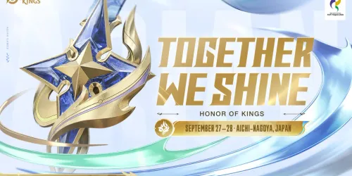 Key visual resmi HoK Esports untuk Honor of Kings di Asian Games 2026: lambang bintang emas berkristal biru dengan tulisan Together We Shine, 27 sampai 28 September, Aichi-Nagoya, Jepang