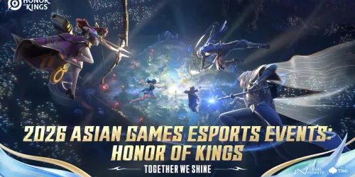 Key visual resmi Honor of Kings untuk esports Asian Games 2026: beberapa hero melayang di atas arena bercahaya dengan tulisan 2026 Asian Games Esports Events: Honor of Kings, Together We Shine