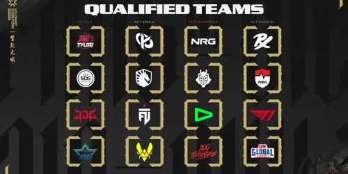 Grafis resmi Qualified Teams VALORANT Champions 2026 Shanghai berisi logo 16 tim peserta yang dikelompokkan per region: VCT CN, EMEA, Americas, dan Pacific