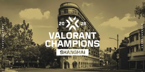 Logo resmi VALORANT Champions 2026 Shanghai di depan foto bernuansa sepia sebuah gedung tua berbentuk lancip di persimpangan jalan kota