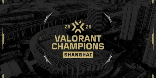 Official gold VALORANT Champions 2026 Shanghai logo over a black and white aerial photo of a stadium and city buildings