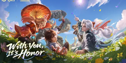 Key art resmi Global Anniversary Honor of Kings 2026 bertema With You, It's Honor: beberapa hero bersantai di padang rumput berbunga, seorang gadis berpayung merah di kiri dan pria berambut putih di kanan