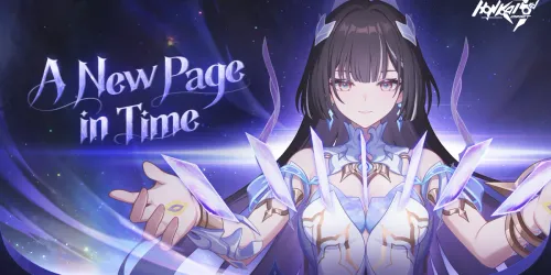 Key visual resmi Honkai Impact 3rd v9.1 A New Page in Time: Dreamseeker berambut hitam dalam wujud Herrscher of Time dikelilingi kepingan kristal ungu