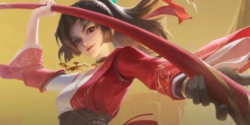 Artwork resmi patch note Season 16 Honor of Kings: karakter berbaju merah memegang senjata panjang di atas latar keemasan