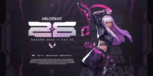 End card resmi trailer RISE AND FALL: Hush berambut putih keunguan mengangkat pistol dengan pita merah muda di samping logo VALORANT 26 Season 2026 Act VI