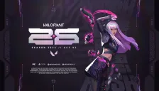 End card resmi trailer RISE AND FALL: Hush berambut putih keunguan mengangkat pistol dengan pita merah muda di samping logo VALORANT 26 Season 2026 Act VI