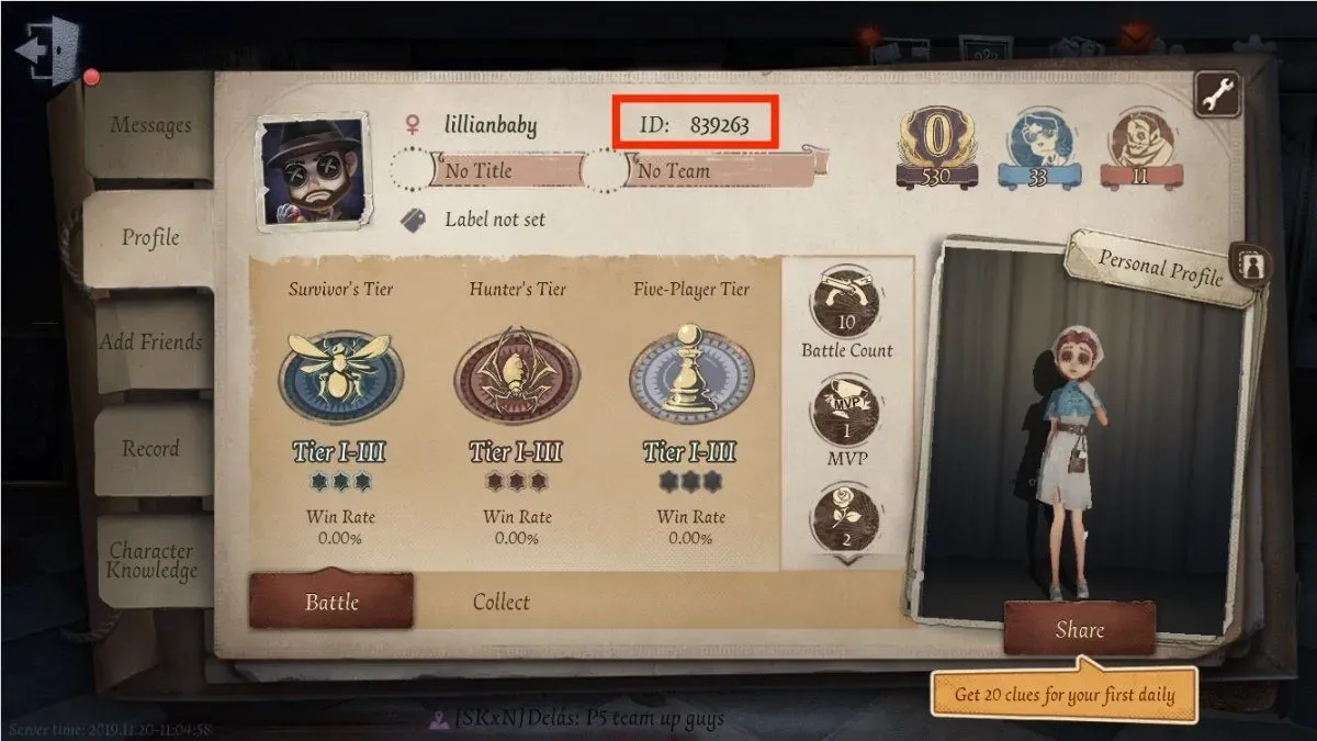 How to find your Identity V User ID in the Profile tab of the friends menu