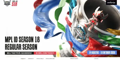 Banner resmi MPL ID Season 18 Regular Season dengan trofi MPL, pita warna-warni, dan tulisan 14 Agustus sampai 18 Oktober 2026