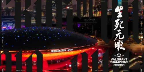 Grafis resmi VALORANT Champions 2026 Shanghai: Mercedes-Benz Arena menyala merah di malam hari dengan tulisan 生死无暇 dan logo turnamen