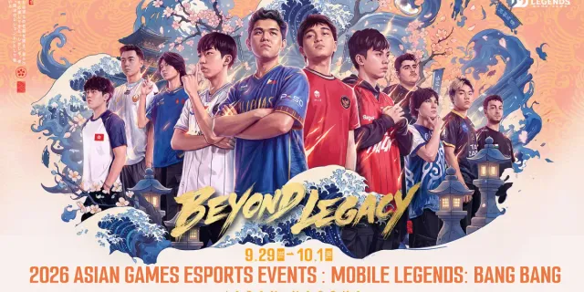 Official Beyond Legacy key art for MLBB at the 2026 Asian Games showing players from several nations with waves and cherry blossoms, dated September 29 to October 1
