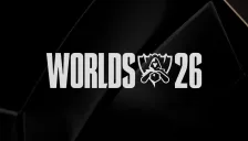 Logo resmi Worlds 2026 League of Legends: tulisan WORLDS 26 dan lambang Worlds berwarna putih di atas latar hitam