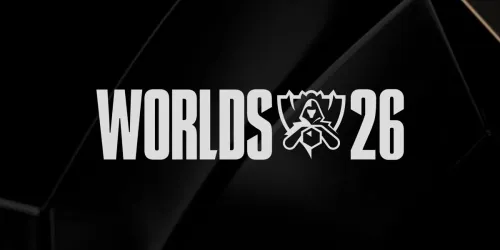 Logo resmi Worlds 2026 League of Legends: tulisan WORLDS 26 dan lambang Worlds berwarna putih di atas latar hitam