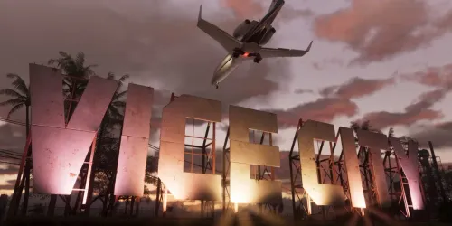Screenshot resmi GTA 6 dari situs Rockstar: papan huruf raksasa Vice City saat senja dengan jet pribadi melintas rendah di atasnya dan pohon palem di latar