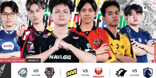 Thumbnail resmi siaran MPL ID S18 Minggu 9 Hari 3: pemain EVOS, Alter Ego, NAVI, Bigetron by Vitality, ONIC, dan Team Liquid ID di atas jadwal tiga laga 18 Oktober 2026
