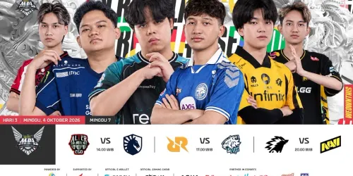 Thumbnail resmi siaran MPL ID S18 Minggu 7 Hari 3, 4 Oktober 2026: foto enam pemain dan jadwal Alter Ego vs Team Liquid ID 14.00 WIB, RRQ vs EVOS 17.00 WIB, serta ONIC vs NAVI 20.00 WIB