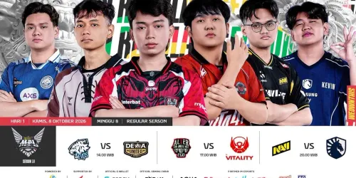 Thumbnail resmi siaran MPL ID S18 Minggu 8 Hari 1, Kamis 8 Oktober 2026: enam pemain dan jadwal EVOS vs Dewa United 14.00 WIB, Alter Ego vs Bigetron by Vitality 17.00 WIB, serta NAVI vs Team Liquid ID 20.00 WIB