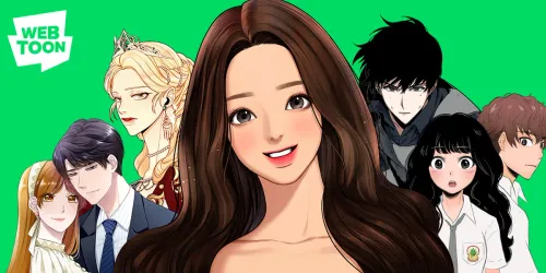 Gambar promosi resmi WEBTOON Indonesia: logo WEBTOON dan tujuh karakter komik di atas latar hijau