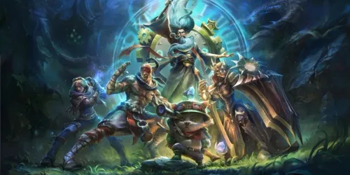Ilustrasi resmi Riot Games di artikel /dev: League Classic: Ezreal, Lee Sin, Zilean, Teemo, dan Leona dengan tampilan lama di depan jam milik Zilean