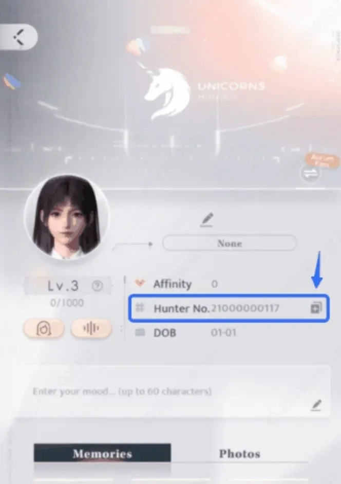Love and Deepspace screen showing the Hunter Number