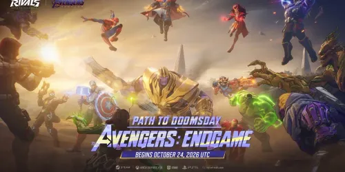 Key art resmi Marvel Rivals Path to Doomsday Avengers: Endgame: Thanos berbaju zirah emas di tengah, dikepung Captain America, Iron Man, Hulk, Doctor Strange, Spider-Man, dan hero lain, dengan tulisan Begins October 24, 2026 UTC