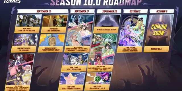 Official Marvel Rivals Season 10.0 roadmap listing content from September 11 to October 2, with the October 9 column marked Coming Soon and Season 10.5
