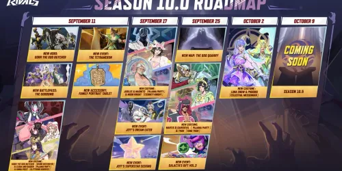 Roadmap resmi Season 10.0 Marvel Rivals berisi jadwal konten 11 September sampai 2 Oktober, dengan kolom 9 Oktober bertuliskan Coming Soon dan Season 10.5