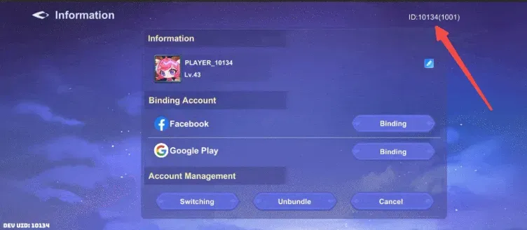 MOB RUSH profile menu showing the User ID and Zone ID