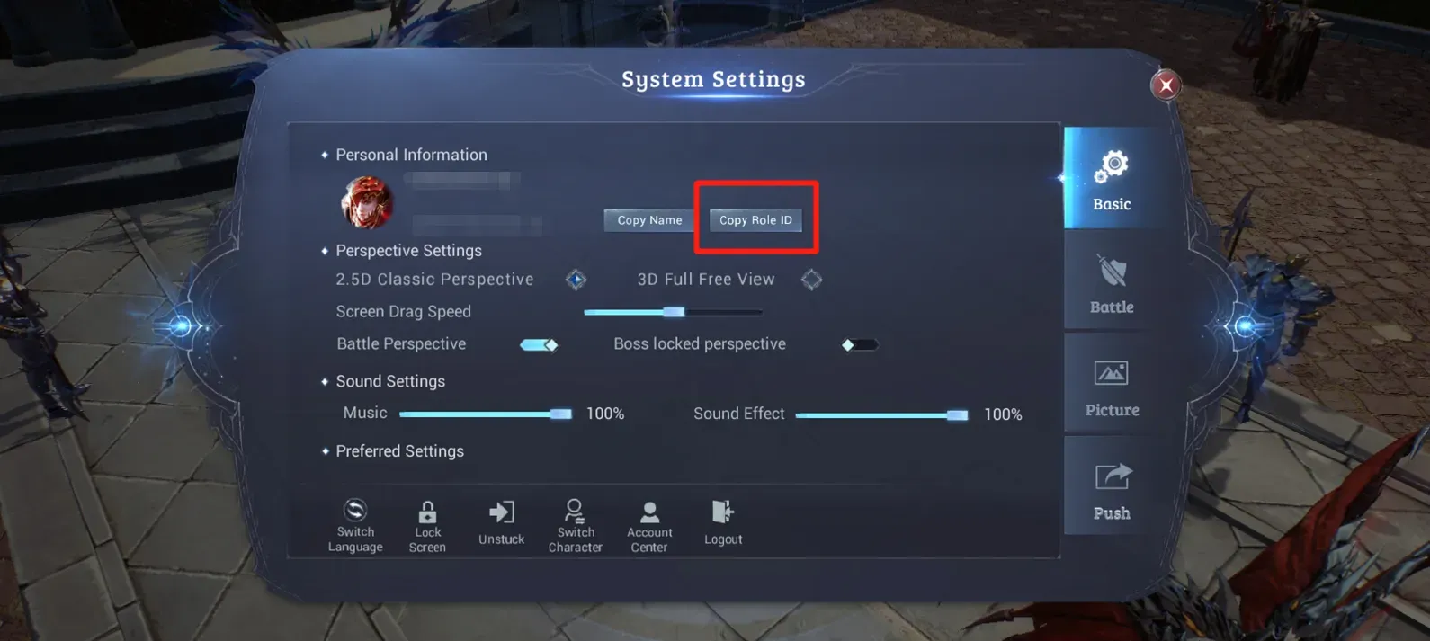 MU Origin 3 settings screen with the Copy Role ID button