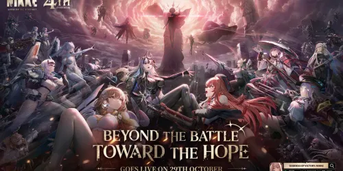 Key visual resmi update 4th Anniversary GODDESS OF VICTORY: NIKKE bertuliskan Beyond the Battle, Toward the Hope dan Goes Live on 29th October, dengan Marian: Queen di tengah dan Scarlet: Goddeath bercaping di kanan