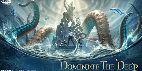 Key art resmi Ocean Odyssey PUBG Mobile: pemain memegang trident di depan patung raksasa, tentakel Kraken, paus dan ikan pari, bertuliskan Dominate the Deep