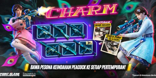 Banner resmi update Charm Point Blank menampilkan karakter berbaju hanbok dengan senjata seri Peacock