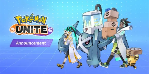 Grafik resmi pengumuman Pokémon UNITE berlabel Announcement: logo Pokémon UNITE di kiri, dua karakter berjas putih bersama Metagross dan Elekid membawa tumpukan kardus