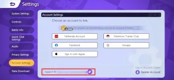 Pokémon UNITE Account Settings showing the Support ID