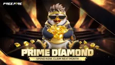 Thumbnail resmi video Prime Diamond Free Fire: karakter penguin berkacamata hitam memeluk tumpukan diamond emas, dengan tulisan Prime Diamond, Spend Now, Claim Next Month