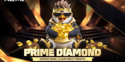 Thumbnail resmi video Prime Diamond Free Fire: karakter penguin berkacamata hitam memeluk tumpukan diamond emas, dengan tulisan Prime Diamond, Spend Now, Claim Next Month