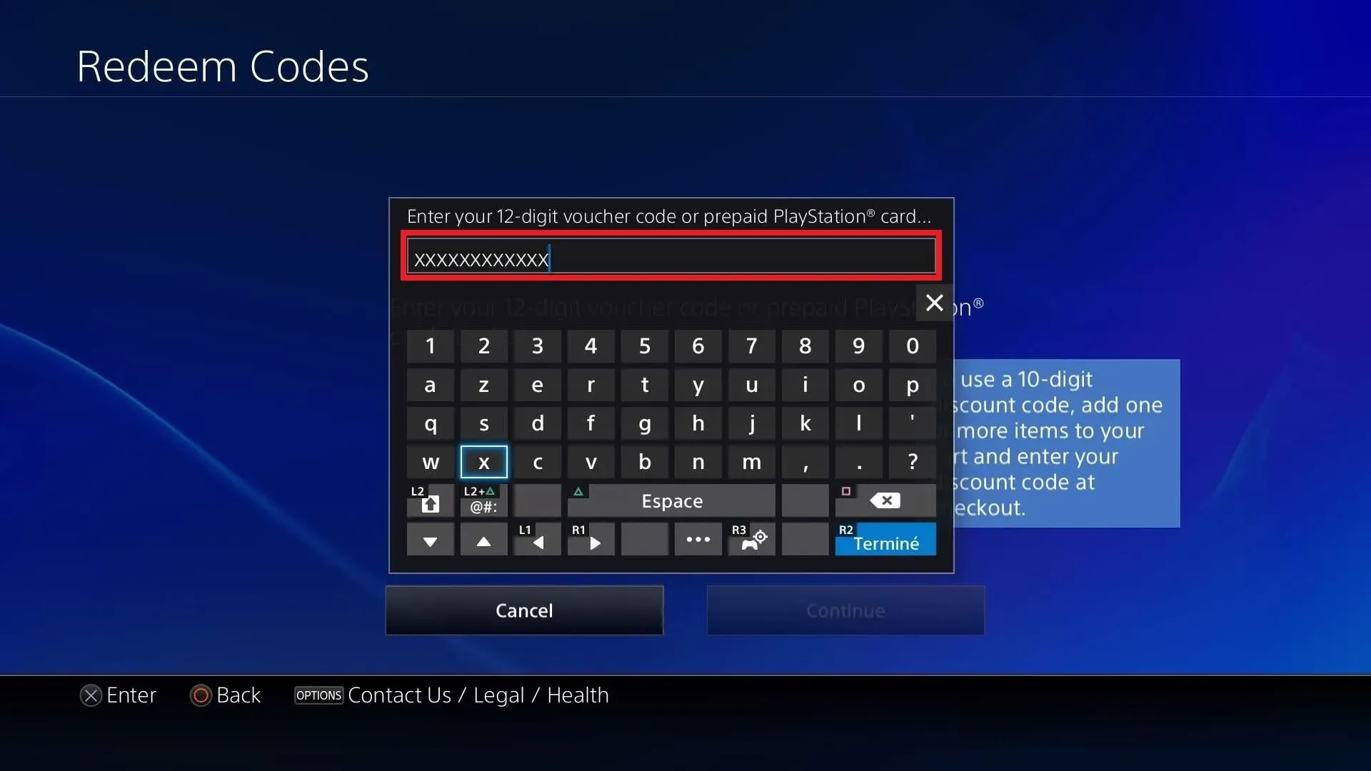 PlayStation Store Redeem Codes screen