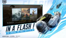 Gambar promosi resmi PUBG Mobile Flash: karakter berhelm meluncur di udara di samping layar loading bertuliskan 100-Player Battles, dengan teks besar IN A FLASH