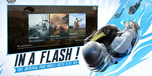 Official PUBG Mobile Flash promo image: a helmeted character diving through the air next to a loading screen reading 100-Player Battles, with large IN A FLASH text
