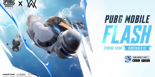 Key art resmi PUBG MOBILE FLASH x Alan Walker: karakter berhelm terjun bebas di langit biru dengan tulisan Coming Soon November 13 dan tombol App Store serta Google Play