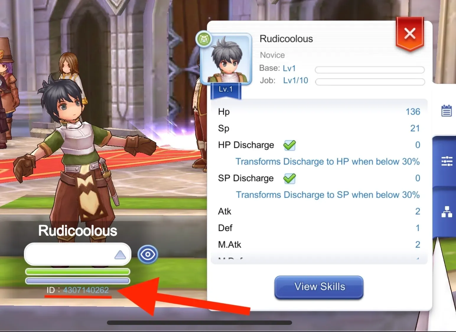Skrin profil Ragnarok M yang menunjukkan Character ID