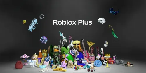 Key art resmi Roblox Plus: tulisan Roblox Plus di atas tumpukan item avatar Roblox seperti gitar, mahkota, topeng emas, sepeda, dan unicorn dengan latar abu-abu gelap