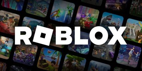 Official Roblox gift card page artwork with the Roblox logo over a grid of game screenshots