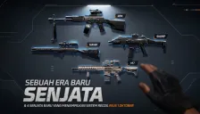 Gambar resmi patch notes OB55 Free Fire: senapan RPK, Hawk, Skorp, dan M7 terpajang di dinding dengan tulisan Sebuah Era Baru Senjata, rilis 1 Oktober