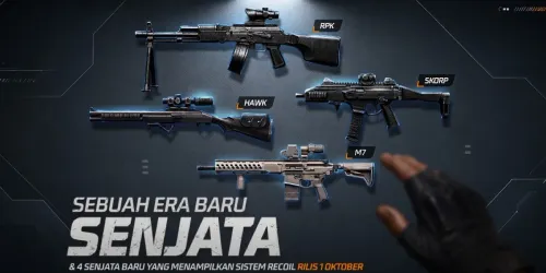 Gambar resmi patch notes OB55 Free Fire: senapan RPK, Hawk, Skorp, dan M7 terpajang di dinding dengan tulisan Sebuah Era Baru Senjata, rilis 1 Oktober